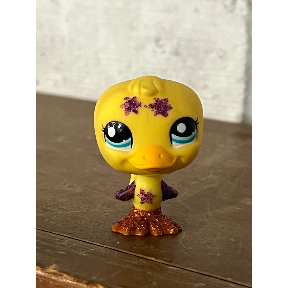 Littlest Pet Shop LPS #2357 Glitter Yellow Duck‎ Duckie Purple Stars Blue Eyes